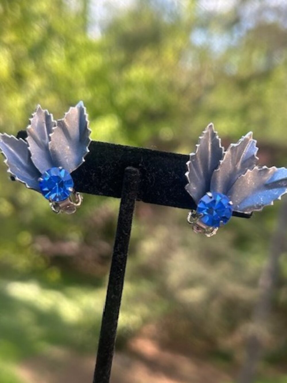 CORO Cobalt Blue Rhinestone Blue Silver Leaf EARRINGS